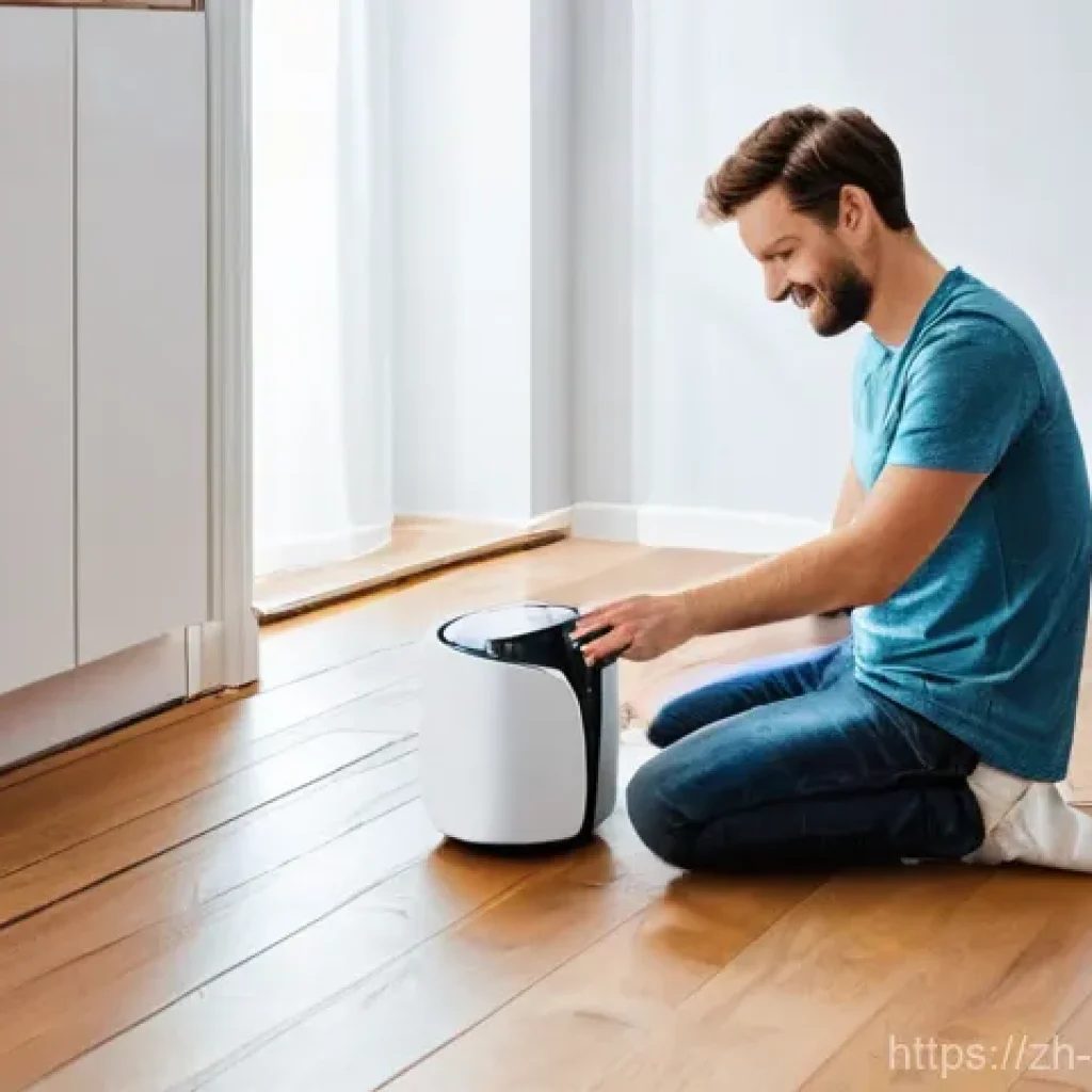 스마트 로봇 청소기 활용법 - **Prompt:** A bright, modern living room scene. A young adult or middle-aged person, casually dresse...