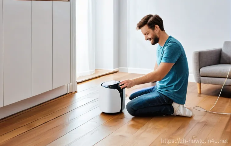 스마트 로봇 청소기 활용법 - **Prompt:** A bright, modern living room scene. A young adult or middle-aged person, casually dresse...