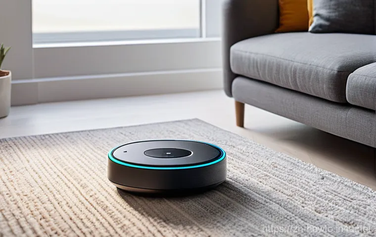 스마트 로봇 청소기 활용법 - **Prompt:** A bright, modern living room scene. A young adult or middle-aged person, casually dresse...