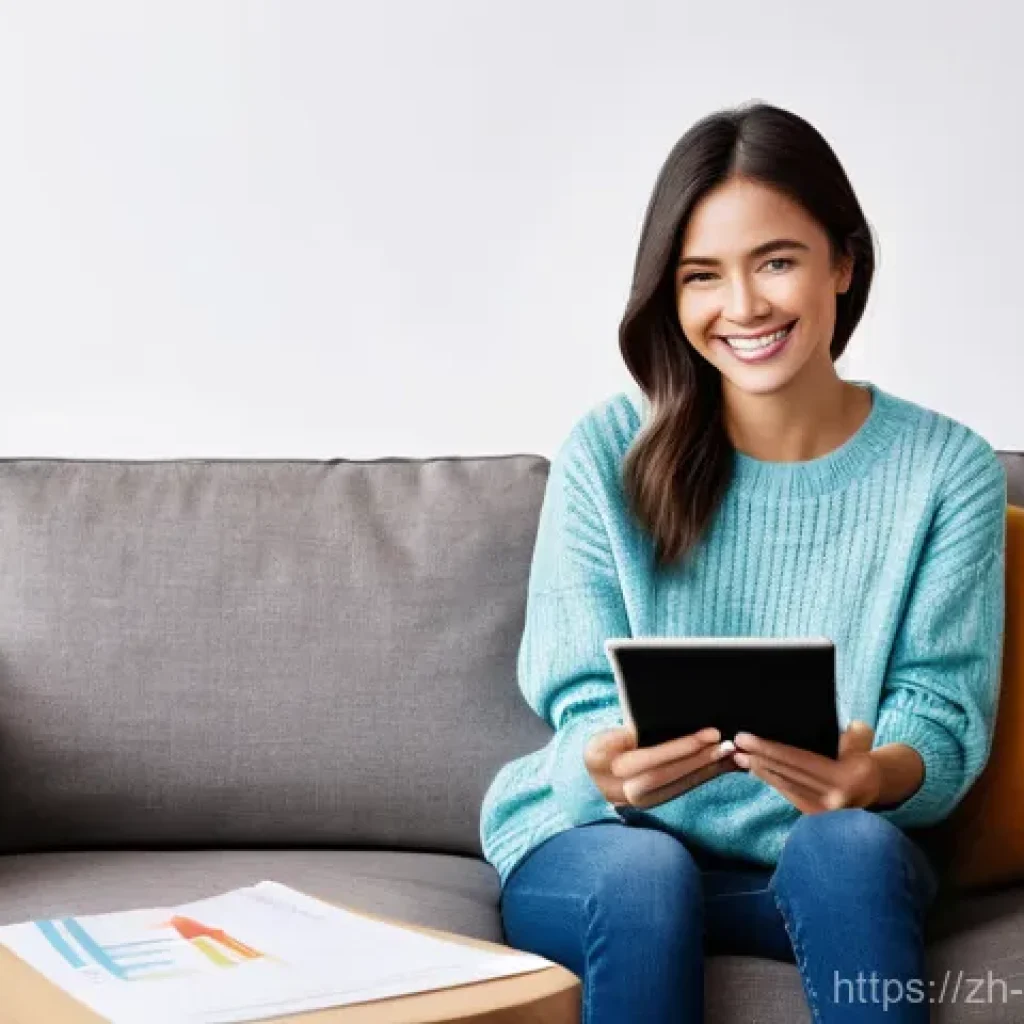가정 경제 활용법 - **Digital Financial Empowerment:** A cheerful young woman in her late 20s, with a warm smile, sittin...